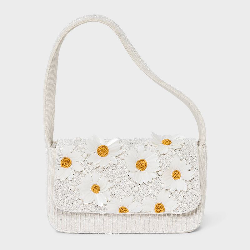 Hand Beaded Daisy Embellished Flap Shoulder Bag - A New Day™ White