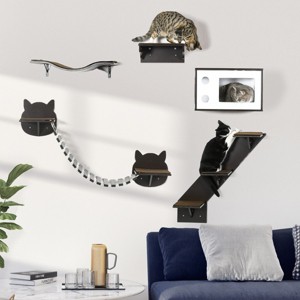 LAOTIES Wall Mounted Cat Tree with Cat House,Curved Platform,Bridge,Stairs And Perch,Multi Level Wooden Shelves - 1 of 4