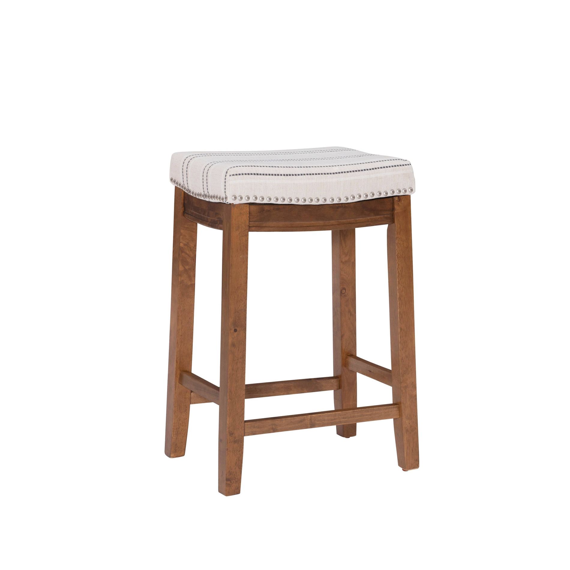 Linon Claridge Backless Nailhead Saddle Counter Height Barstool Charcoal Stripe: Upholstered, Rubberwood Legs, Footrest