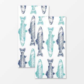 2pk Designer Fish Print Towel Turquoise/Navy - MU Kitchen