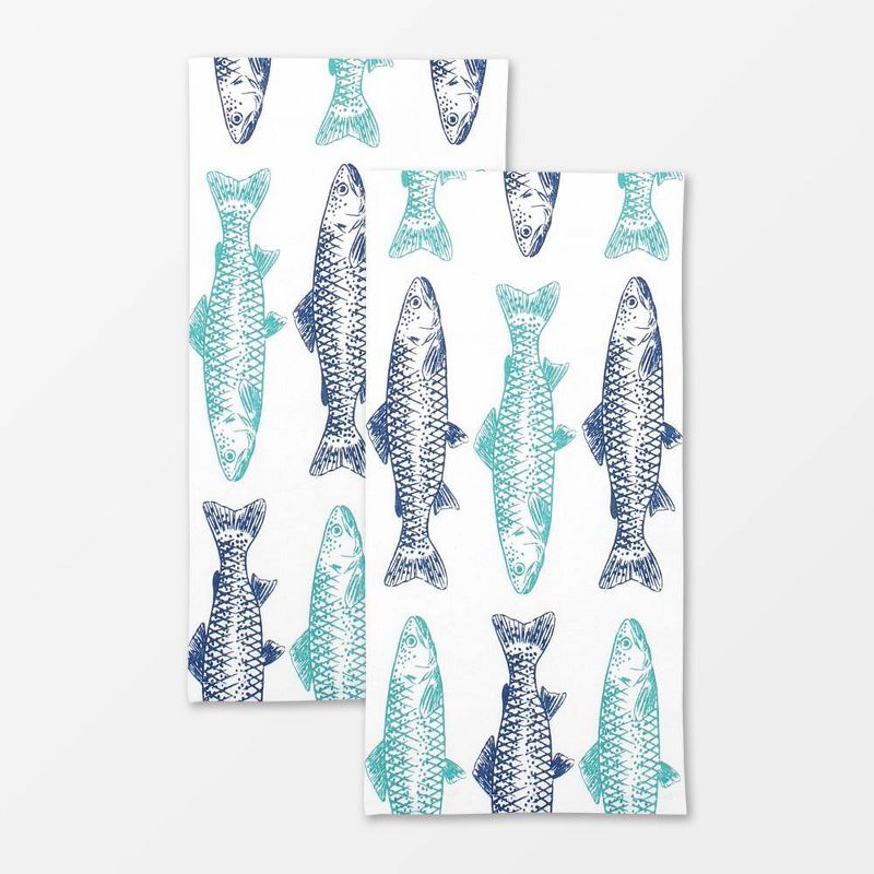 2pk Designer Fish Print Towel Turquoise/Navy - MU Kitchen, 1 of 4
