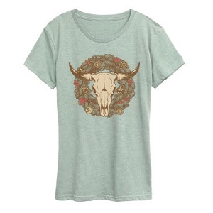 Women's - Instant Message - Cow Skull Wreath Short Sleeve Graphic T-Shirt - 1 of 4