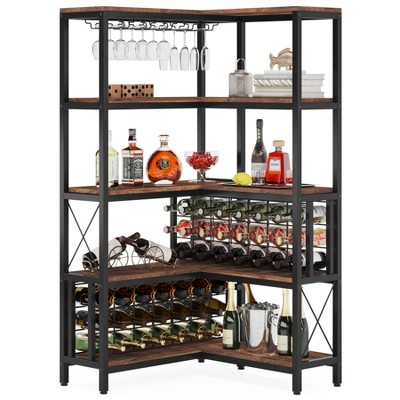 4-Tier Corner Wine Rack Liquor Stand With Glass Holder And Fences, Industrial Freestanding Floor Liquor Bottle Display Shelf For Home,Bar