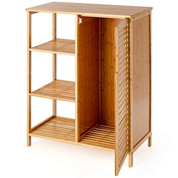 Tangkula Bathroom Storage Cabinet Bamboo Floor Cabinet Free Standing Organizer with Single Door & 3 Open Shelves