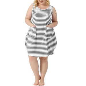 Women's Plus Size Sleeveless Soft Round with Pockets Stripe Nightgowns - Agnes Orinda - 1 of 4