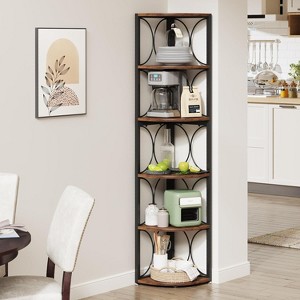 ORRD Corner Bookshelf, 67” Tall 6-Tier Rustic Brown Storage Rack for Small Spaces, Freestanding Metal Frame Shelf for Living Room & Bedroom - 1 of 4