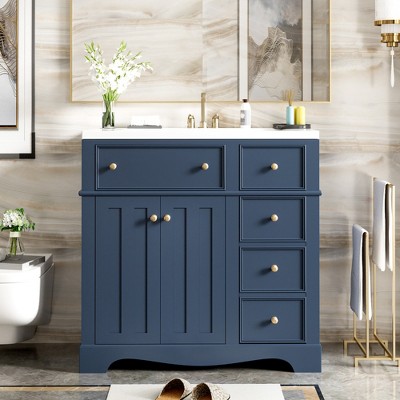 ModernLuxe 36'' Bathroom Vanity with Resin Sink, 3 Drawers & Adjustable Shelf, Solid Wood Frame Storage Cabinet with Gold Knobs, Blue/White