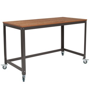 Flash Furniture Livingston Collection Computer Table and Desk in Brown Oak Wood Grain Finish with Metal Wheels - 1 of 4