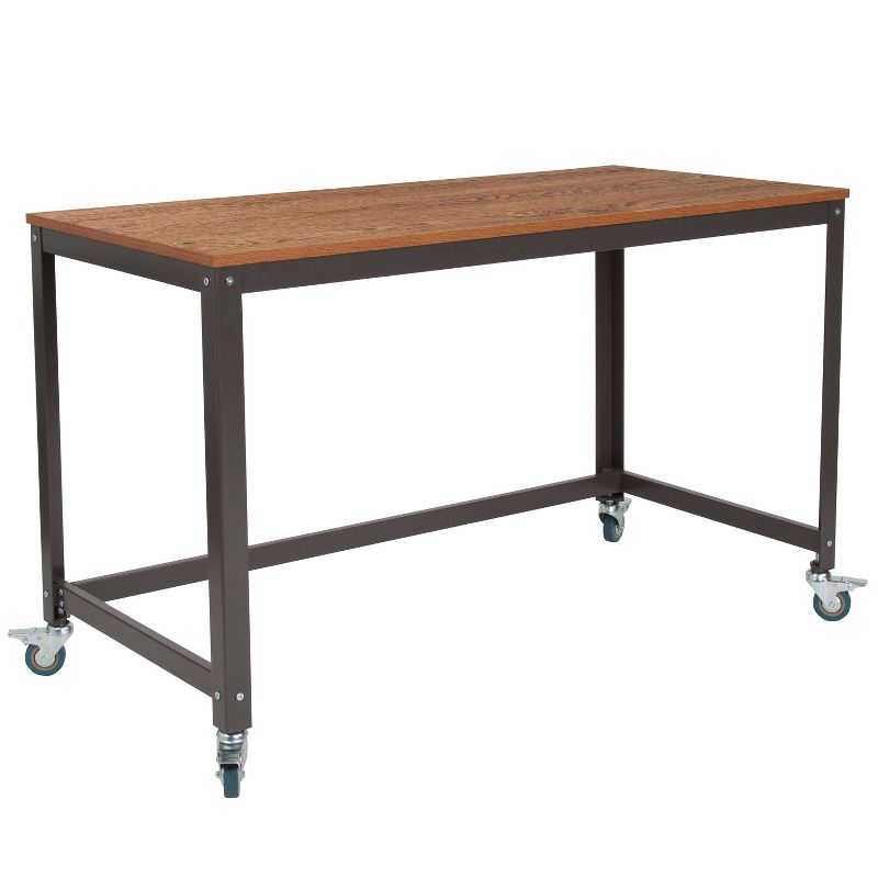 Flash Furniture Livingston Collection Computer Table and Desk in Brown Oak Wood Grain Finish with Metal Wheels, 1 of 8