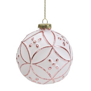 Northlight Matte White and Pink Floral Glass Hanging Christmas Ball Ornament 3.75" (95mm) - 1 of 3