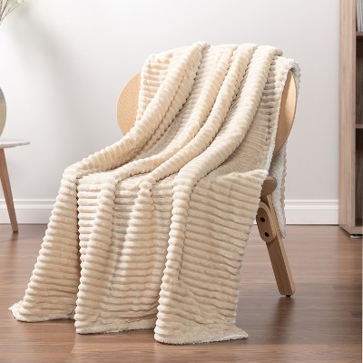 Cream Beige Reversible Sherpa Fleece Throw Blanket
