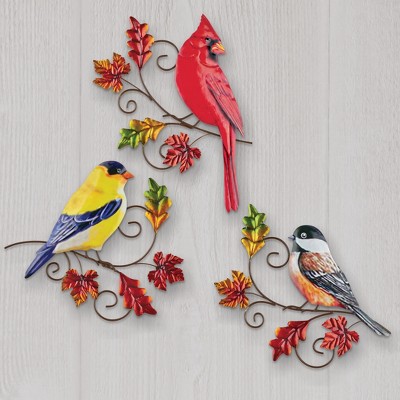 Colorful Metal Fall Bird Wall Trio Set with Iron Branches