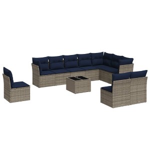 vidaXL Patio Sofa Set with Cushions 11 Piece, Sectional Sofa with Glass Table, Outdoor Conversation Set, Modern Style, Gray Poly Rattan - 1 of 4