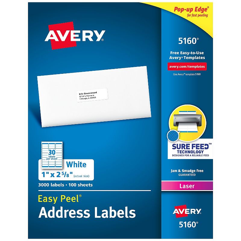 Avery Easy Peel Laser Address Labels 1" x 2 5/8" White 30 Labels/Sheet 209882, 1 of 10