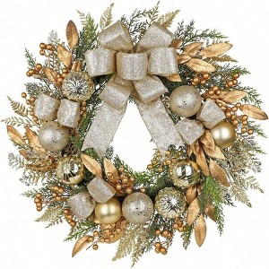 24 Inch Gold Door Wreath with Bow Pine Wreath Front Door Golden Ball Leaf Stems Pinecones Berries Xmas Decorations Indoor - 1 of 4