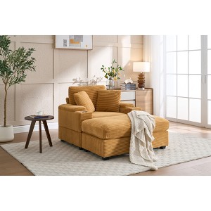 42.1'' Wide Stripe Corduroy Chaise Lounge Chair with Storage Armrest, Movable Ottoman, and Cup Holders, Detachable Cushions Deep Seat - 1 of 4