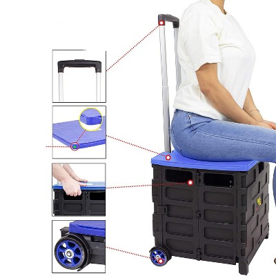 Blue and Black Aluminum Collapsible Wheeled Utility Cart with Seat