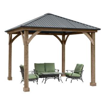 Aoodor 10 x 10 ft. Outdoor Solid Wooden Frame Gazebo with Galvanized Metal Hardtop Roof, for Patio Backyard Deck and Lawns
