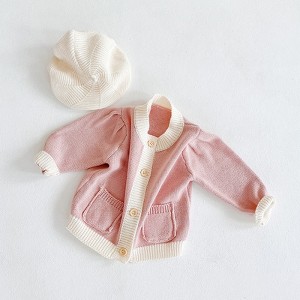 MyKids-USA Baby Girl 1pcs Contrast Pattern Buttoned Front Puff Sleeve Knitted Cardigan - 1 of 4