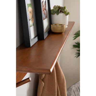 Walnut Brown 36" Floating Wood Shelf with Hooks