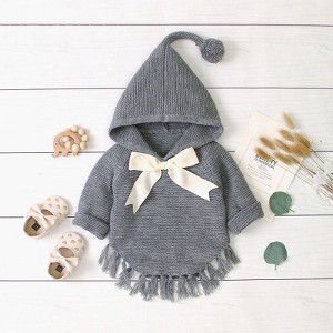 MyKids-USA Baby Girl 1pcs Solid Color Big Bow Tie Patched Design Shawl Kniited Hoodies With Hat - 1 of 4