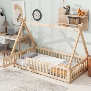 Full/Twin Size Floor Bed, Wooden Tent-shaped Platform Bed Frame with Guardrails, Slats and Door -Frevyn - 1 of 4
