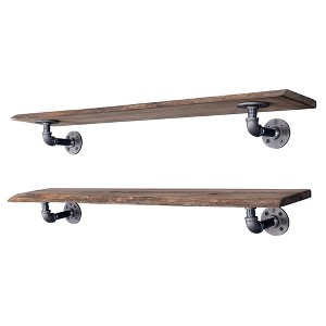 Pipe Decor 36” Trail Brown Live Edge Wood Shelf with L-Shaped Pipe Brackets (2-Pack) - 1 of 4
