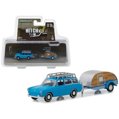 1961 Volkswagen Type 3 Squareback Blue with Tear Drop Trailer Hitch & Tow Series 14 1/64 Diecast Models by Greenlight