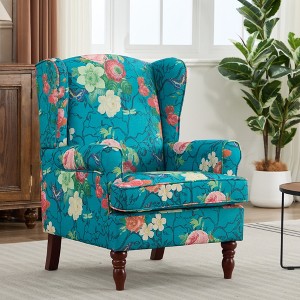 Modern Floral Accent Chair with Retro Wood Legs | Comfy Upholstered Armchair for Living Room, Bedroom & Office-- Frevyn - 1 of 4