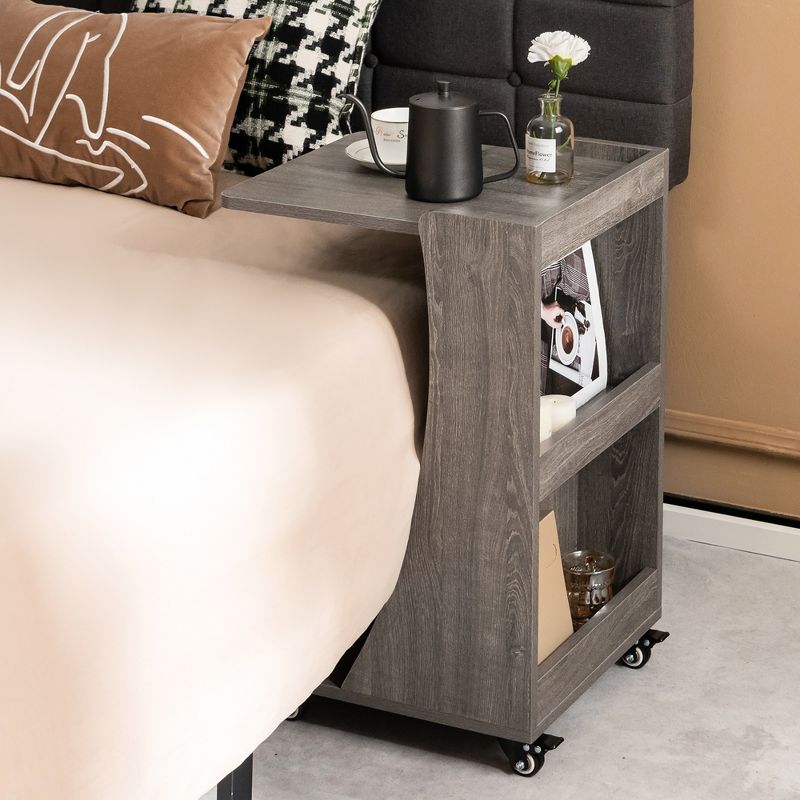 Costway Side Table with Rolling Casters Mobile C-shaped End Table with 2-Tier Open Storage Shelf &2 Back Storage Compartments Brown/Grey, 5 of 11