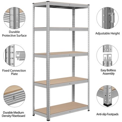 Yaheetech 71in Silver 5-Tier Metal Storage Rack with Adjustable Shelves