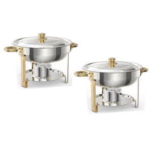 GustoWave 5.3 Qt. Stainless Steel Round Chafing Dish Buffet Set with Food & Water Pan & Gold Stand - 1 of 4