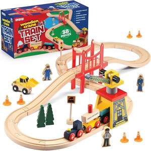 38-Piece Wooden Train Set for Toddlers - Complete with Crane, Bridge & Tracks - 1 of 4