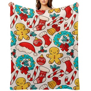 FIONECA Christmas Blanket with Gingerbread Man Christmas Stocking Candy Cane Wreath and Bell Pattern 30x40 inches - 1 of 4