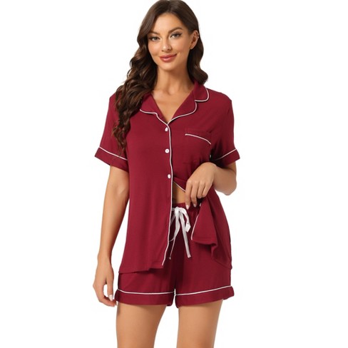 Cheibear Women s Button Down Pajamas Set With Shorts Wine Red