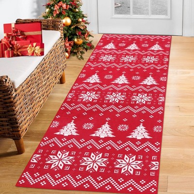 Washable Modern Christmas Tree Printed Rug Non Slip Low Pile Rug Soft Striped Xmas Floor Cover Foldable Indoor Carpet for Living Room Bedroom Office