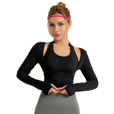 Women's Cropped Fake Two-Piece Long Sleeve Sports Top Gym Yoga Activewear Shirt