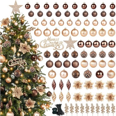 95 Pcs Brown Christmas Ball Ornaments, Shatterproof Champagne Christmas Tree Decorations Set with Glitter Berry