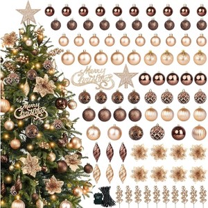 95 Pcs Brown Christmas Ball Ornaments, Shatterproof Champagne Christmas Tree Decorations Set with Glitter Berry - 1 of 4