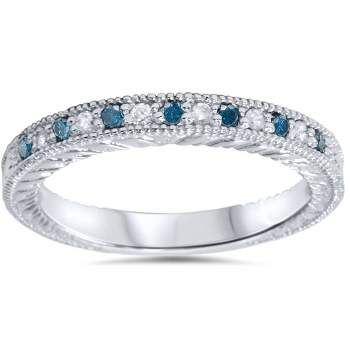Pompeii3 1/6ct Blue & White Diamond Vintage Wedding Ring 14K White Gold