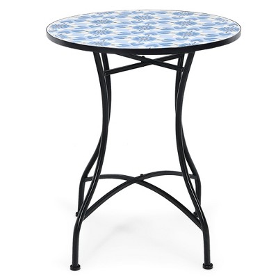 Costway 28.5'' Patio Round Mosaic Bistro Table Plant Stand Blue Flower Pattern