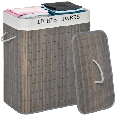 HOMCOM Bamboo Laundry Basket with Lid and String Handles, Collapsible Laundry Hamper with 2 Removable Bags, 2 Section Laundry Sorter