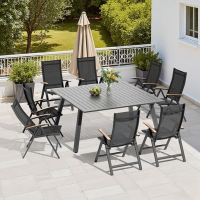 Crestlive Products 9pc Patio Expandable Dining Sets 57in All Weather Aluminum Outdoor Indoor Rectangular Extension Table with Chairs for 8 People