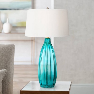 30" Tall Coastal Blue Glass Table Lamp Set with White Drum Shade
