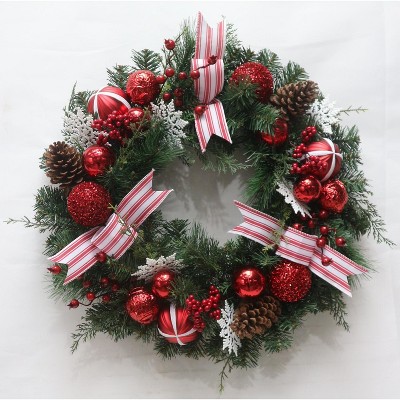 24 in Pre-Lit Artificial Christmas Wreath for Front Door,with 20 Led Lights and Timer, Red Berries, Pine Cones, Ball Ornaments for Holiday Decor