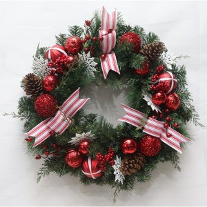 24 in Pre-Lit Artificial Christmas Wreath for Front Door,with 20 Led Lights and Timer, Red Berries, Pine Cones, Ball Ornaments for Holiday Decor - 1 of 4