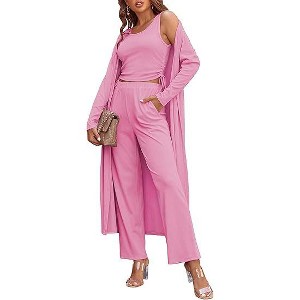 Ekouaer Women's 3 Piece Lounge Set Pajama Long Sleeve Cardigan Sleeveless Top Pants Sweatsuit - 1 of 4