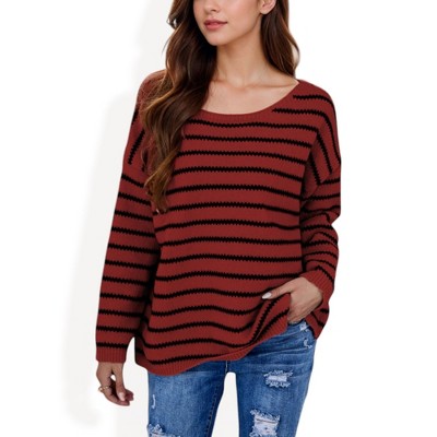 Anna-Kaci Women's Striped Boatneck Sweater with Relaxed Fit