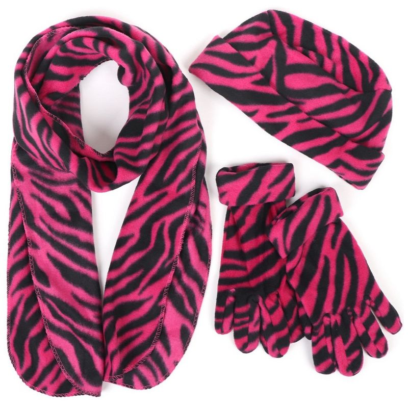Women's Black And Pink Fleece Zebra Print 3-Piece Gloves Scarf Hat Winter Set, 1 of 5