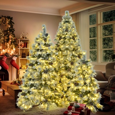 VisioGear Craft Activity Kits Pre-Lit Spruce Snow Flocked Xmas Christmas Tree Set - 4FT, 6FT, 7.5FT with Pine Cones, Multicolor